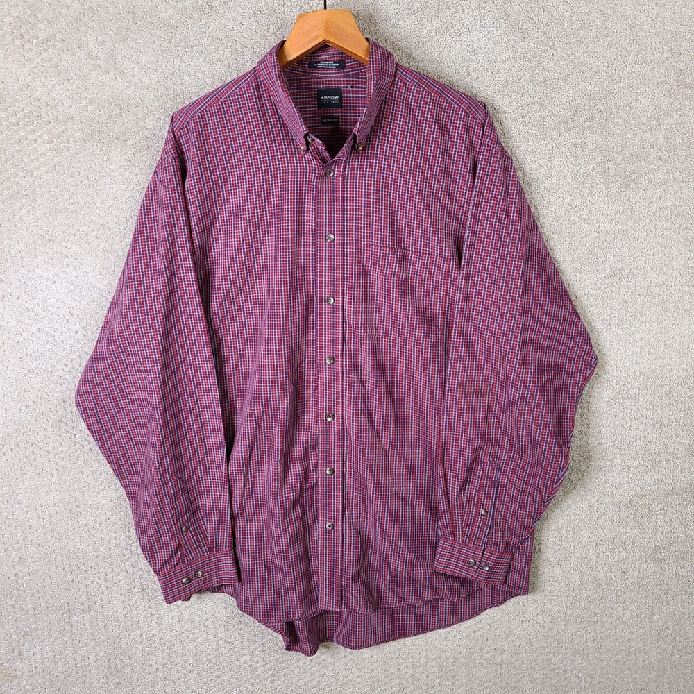 Arrow Shirt Mens XLT Red Plaid Button Down Wrinkle Free Poly Cotton Casual
